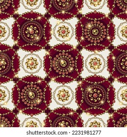 Seamless geometric pattern with round jewelry ornaments in staggered manner. Gold elements with red gems. Vintage style. Good for clothing, apparel, fabric, textile, surface design.