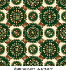 Nahtloses geometrisches Muster mit runden Schmuckverzierungen in gestaffelter Weise. Gold Elemente mit grünen Edelsteinen. Vintage-Stil. Gut für Kleidung, Kleidung, Stoff, Textilien, Oberflächengestaltung.