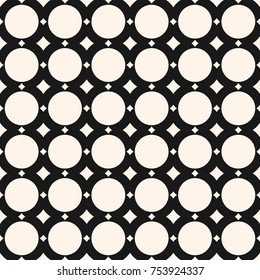 Seamless geometric pattern with rounded grid, lattice, simple shapes, circles, squares. Black and white ornament texture. Abstract monochrome background, repeat tiles. Decorative design. Stock vector