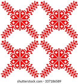 Seamless geometric pattern (Russian embroidery) - flower, grid, red on white background