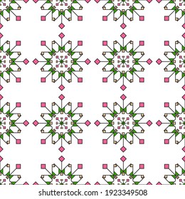 Patrón geométrico sin foco en el estilo escandinavo a partir de copos de nieve abstractos de color, fondo blanco. Ideal para decorar tejidos, textiles, envoltura de regalo, materia impresa, interiores, publicidad.