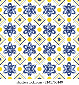 Seamless geometric pattern in scandinavian style with flowers and graphic elements of trendy interior design. Vector illustration in blue and yellow colors.