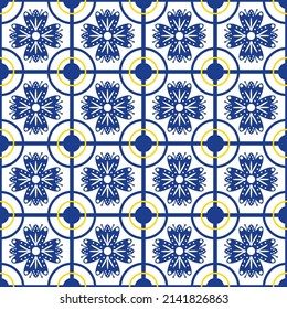 Seamless geometric pattern in scandinavian style with flowers and graphic elements of trendy interior design. Vector illustration in blue and yellow colors.