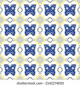 Seamless geometric pattern in scandinavian style with flowers and graphic elements of trendy interior design. Vector illustration in blue and yellow colors.