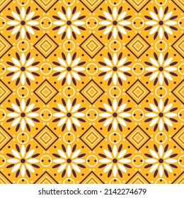 Seamless geometric pattern in scandinavian style with flowers and graphic elements of trendy interior design. Vector illustration in blue and yellow colors.