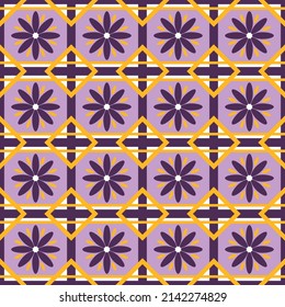 Seamless geometric pattern in scandinavian style with flowers and graphic elements of trendy interior design. Vector illustration in blue and yellow colors.