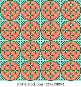 Seamless geometric pattern in scandinavian style with flowers and graphic elements of trendy interior design. Vector illustration in blue and yellow colors.