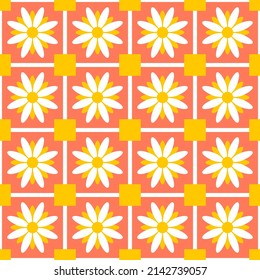 Seamless geometric pattern in scandinavian style with flowers and graphic elements of trendy interior design. Vector illustration in blue and yellow colors.