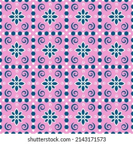 Seamless geometric pattern in scandinavian style with flowers and graphic elements of trendy interior design. Vector illustration in blue and yellow colors.