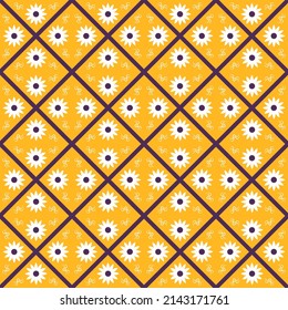 Patrón geométrico sin inconvenientes en estilo escandinavo con flores y elementos gráficos de diseño interior moderno. Ilustración vectorial en colores azul y amarillo.