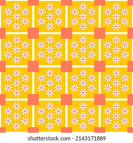 Seamless geometric pattern in scandinavian style with flowers and graphic elements of trendy interior design. Vector illustration in blue and yellow colors.