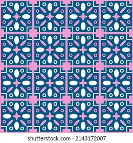 Seamless geometric pattern in scandinavian style with flowers and graphic elements of trendy interior design. Vector illustration in blue and yellow colors.