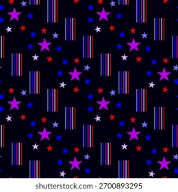 Padrão geométrico contínuo com estrelas dispersas e blocos de listra vertical em plano de fundo preto. Vetor plano para tecido e impressões têxteis, papel de parede, decoração de festa, envoltório, fundo digital