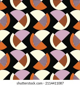 Seamless geometric pattern. Semicircles and dots. Black background.