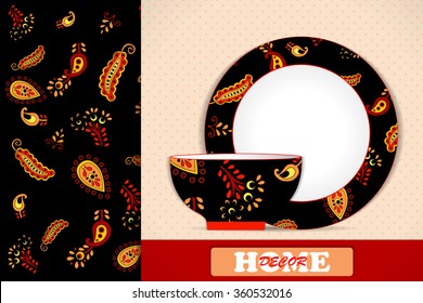 Seamless geometric pattern and set of 2 matching decorative tableware, plate and bowl for interior design, home decor. Vector illustration 