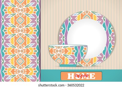 Seamless geometric pattern and set of 2 matching decorative tableware, plate and bowl for interior design, home decor. Vector illustration 