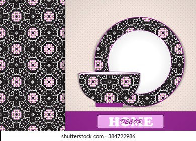 Seamless geometric pattern and set of 2 matching decorative tableware, plate and bowl for interior design, home decor. Vector illustration 
