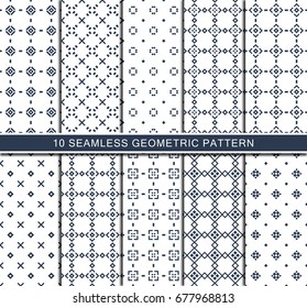 Seamless geometric pattern set, abstract decorative shapes with rhombus and cross, blue and white geometric seamless pattern.