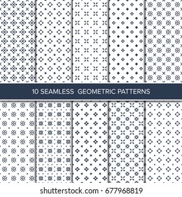 Seamless geometric pattern set, abstract decorative shapes with rhombus and cross, blue and white geometric seamless pattern.