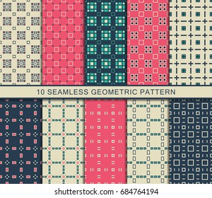Seamless geometric pattern set, abstract decorative shapes with squares and rectangles.