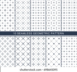 Seamless geometric pattern set, abstract decorative shapes with squares and rhombuses, blue and white geometric seamless pattern.