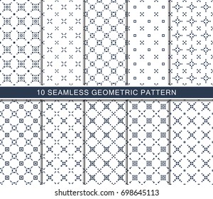 Seamless geometric pattern set, abstract decorative shapes with squares and rhombuses, blue and white geometric seamless pattern.