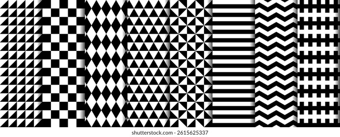 Seamless geometric pattern set. Retro abstract backgrounds with grids, lines, diamonds, checkerboard.