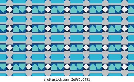 Padrão geométrico contínuo em tons de azul e aqua com losango repetitivo e motivos de listras. Fundo abstrato moderno adequado para têxteis, papel de parede e design digital