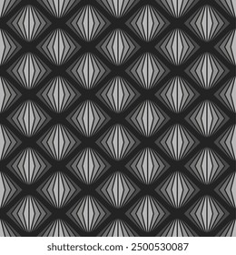 Seamless geometric pattern in shades of gray consisting of overlapping striped diamond shapes. Suitable for textile designs, tiles, wallpapers, backgrounds, etc.