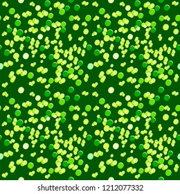 Seamless geometric pattern of shading green dots, many dot sizes on green background, monochrome color. Flat design vector. Use as background, wallpaper, wrap paper, tile, fabric prints.