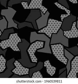 Seamless geometric pattern of shapes. Abstract camo made from dark and gray elements. Print. Vector illustration
