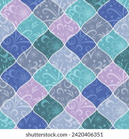 Seamless geometric pattern of shapes with floral vintage pattern in boho colors. Vector image	
