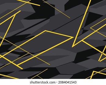 Seamless geometric pattern of shapes and lines on a dark background. Modern camo. Racing background. Printed on fabric, vinyl and decal. Vector