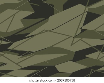 Seamless geometric pattern of shapes and lines on a dark background. Modern camo. Racing background. Printed on fabric, vinyl and decal. Vector