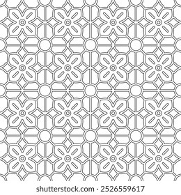 Padrão geométrico contínuo com formas que lembram flores em preto e branco. Adequado para fundos, papéis de parede, têxteis e vários projetos criativos.