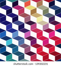 Seamless geometric pattern with geometric shapes, rhombus, colorful zigzags, looks like stairs or multi-layer object. That square design has the ability to be repeated or tiled without visible seams.