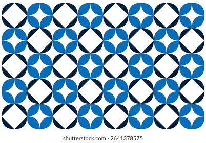seamless geometric pattern with geometric shapes. Simple geometric ethnic style pattern featuring interlocking two-tone blue rounded petal shapes on a white background. Floral background design