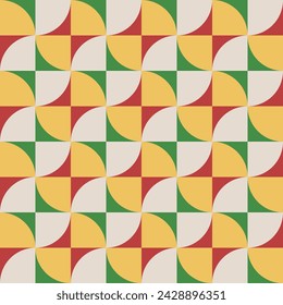 Seamless geometric pattern with shapes and squares. Abstract background. Background for music album, poster, card, advertisement. Vector illustration. Red, yellow, green