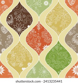 Seamless geometric pattern of shapes with vintage pattern in retro colors. Vector image