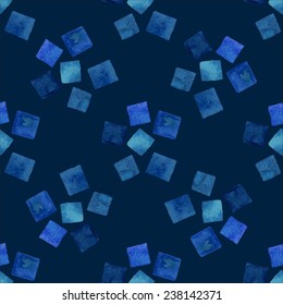 Seamless geometric pattern, geometric shapes watercolor on dark blue background, ink