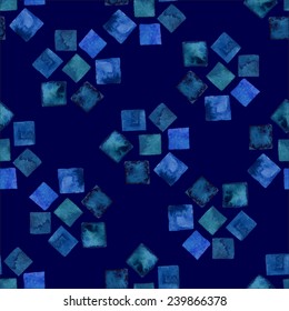 Seamless geometric pattern, geometric shapes watercolor on dark blue background, ink 