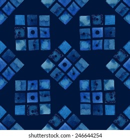 Seamless geometric pattern, geometric shapes watercolor on dark blue background, ink.    