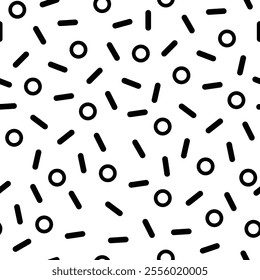 Seamless geometric pattern showcasing scattered circles and short lines, creating a dynamic, retro aesthetic ideal for backgrounds and various design applications