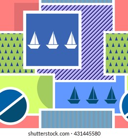 Seamless geometric pattern with silhouette of ship, circle, square, triangle, stripes and other elements. Good for modern wallpaper. Nordic design.
