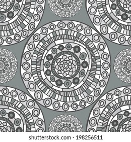 Seamless geometric pattern. Silver fancy circles. Painted hands. Vector.