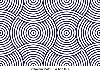 Patrón geométrico impecable. Impresión geométrica simple de tela de moda. Vector de textura de teja extensible. Los círculos superpuestos son un tema divertido. Color único, blanco y negro.