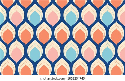 Nahtloses geometrisches Muster. Geometrisches, einfaches Modedesign. Vektorwiederholende Fliesenstruktur. Dachziegel oder Blattmotive. Die Farben Blau, Orange und Rosa. Für Gewebe verwendbar, Tapete