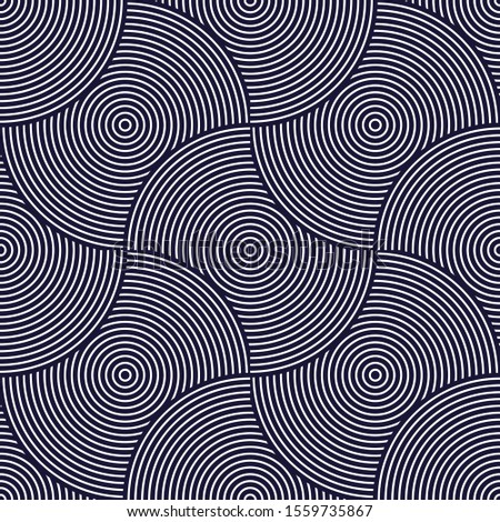 Seamless geometric pattern. Geometric simple fashion fabric print. Vector repeating tile texture. Overlapping circles funky theme. Single color, black and white.