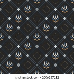 Seamless geometric pattern with simple floral shapes, bunches of leaves, rounded squares, diagonal grid, thin lines. Dark colors. Vector.