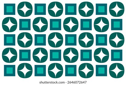 seamless geometric pattern. Simple Indonesian ethnic style batik background with floral star shapes and squares in teal, blue, and white. A clean geometric design. Floral background design art